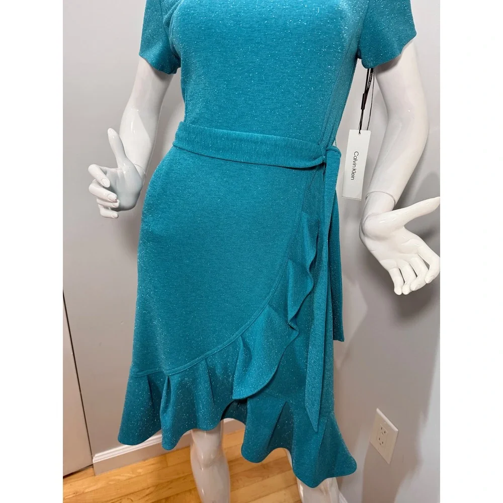 Calvin Klein Teal Shimmer Faux Wrap Ruffle‎ Cocktail Dress Size 6
